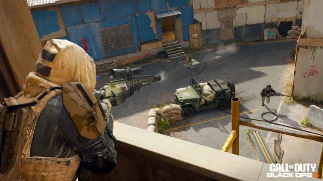 An operator clad in yellow attire shooting an enemy using the HDR sniper rifle from a high point on Firing Range map in Black Ops 6