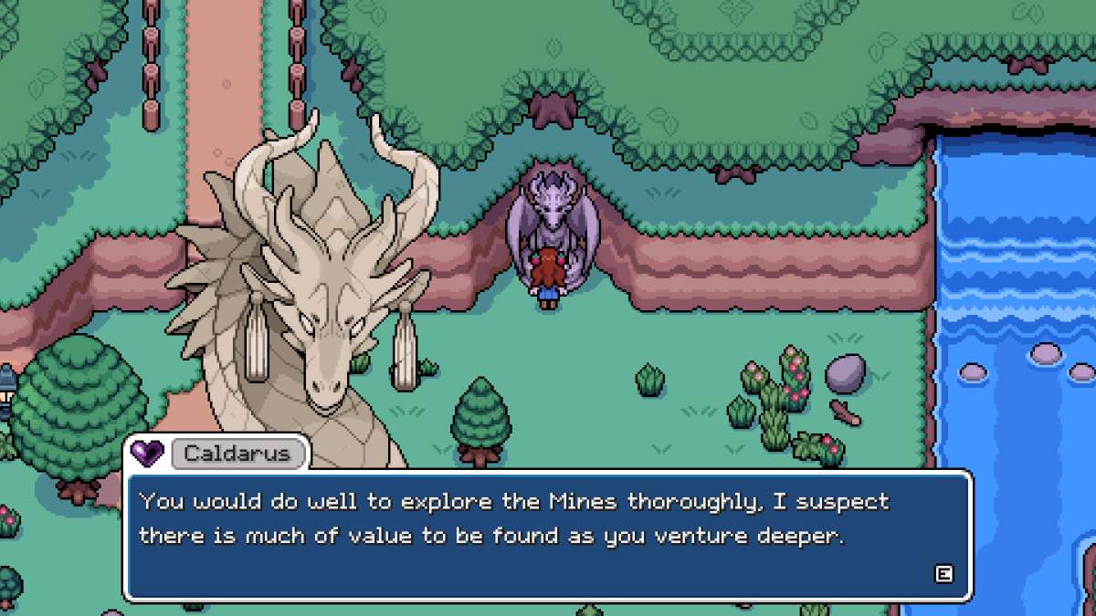 Caldarus in early game of Fields of Mistria, as the magical statue outside your house