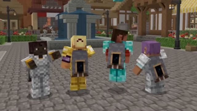 Four Minecraft characters weaing capes after completing A Minecraft Movie Live Event quests