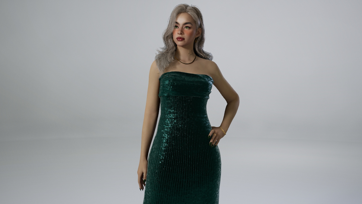 An inZOI character with light brown and blonde hair wearing a sparkling dark emerald green dress posing with a hand on their hip.