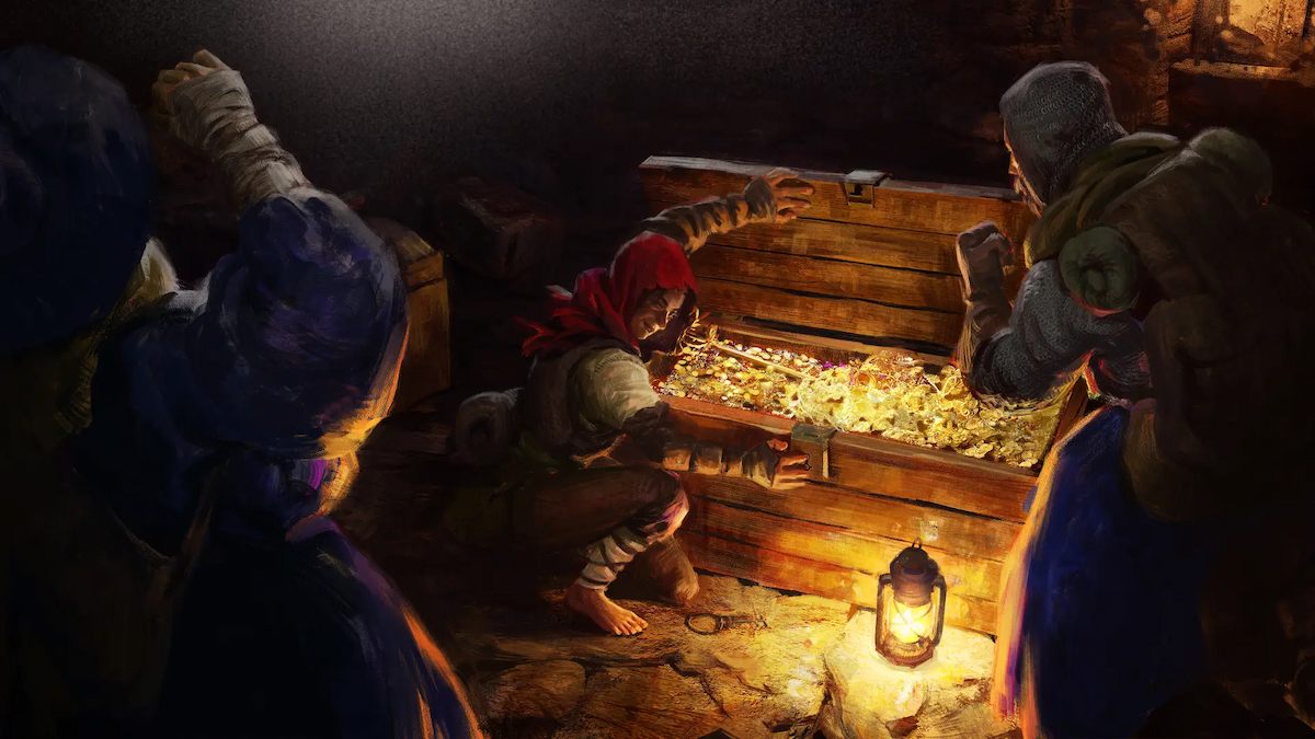 Game art for Dark and Darker showing a character opening a treasure chest.