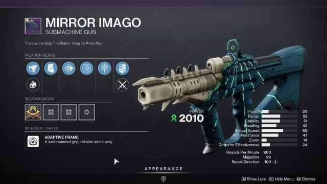 Mirror Image inspection screen in Destiny 2
