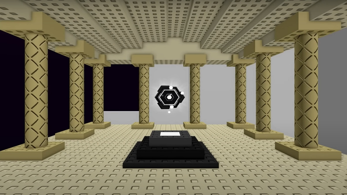 A room with columns and a floating black and white orb in the center.