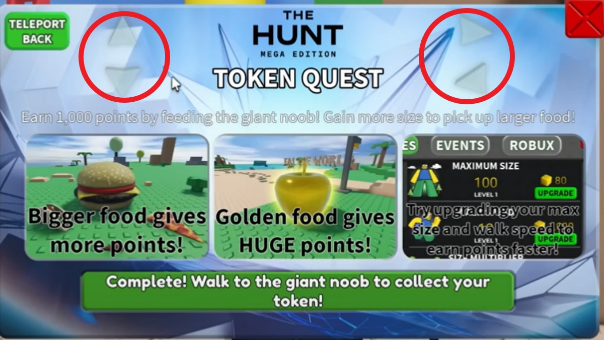 the arrows in The Hunt Token Quest for Eat the World highlighted with red circles.