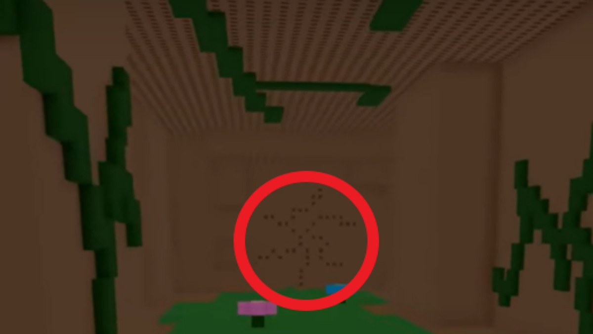 A cave with a pattern in the back wall highlighted by a red circle.
