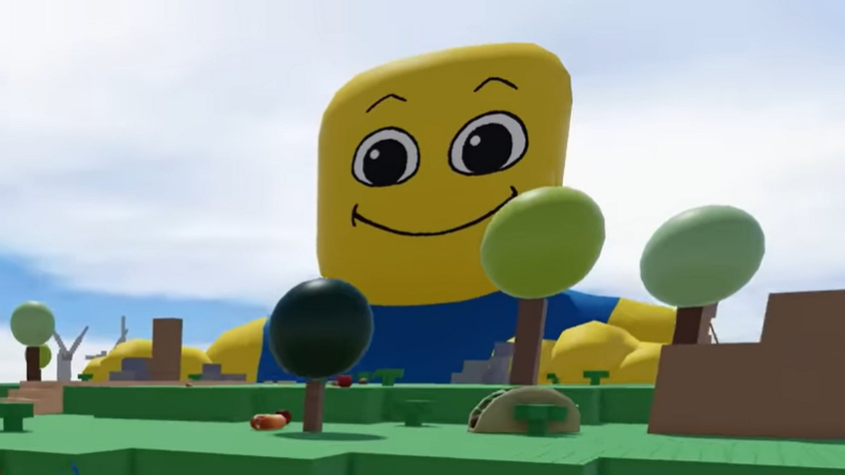 A giant Noob smiling over a Roblox island.