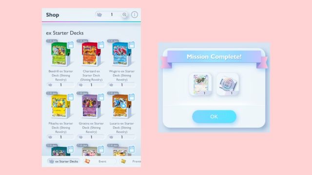 Screenshots of Pokémon Trading Card Game Pocket ex Starter Decks and ticket.