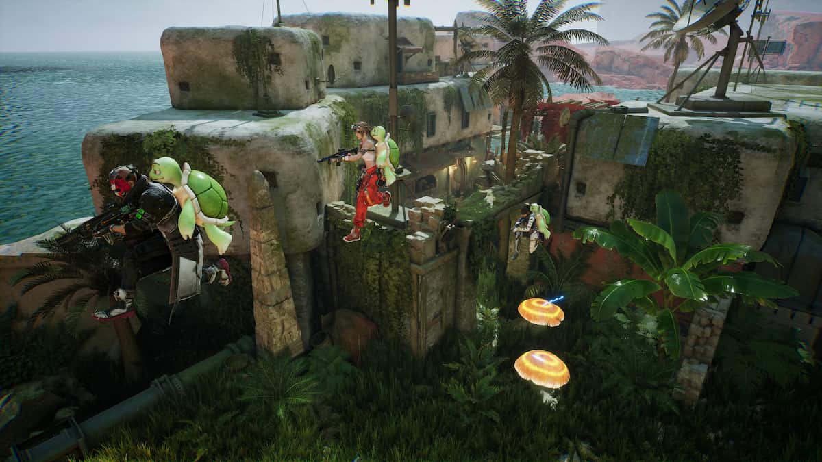 Three FragPunk players with turtles on their backs jumping through a forest.
