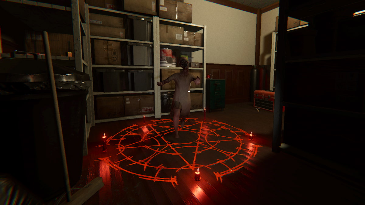 A child ghost trapped in a red summoning circle on the ground of a cluttered storage room in Phasmophobia.