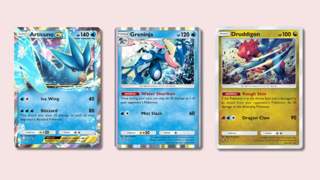 Articuno ex, Greninja, and Druddigon Pokémon TCG Pocket cards on a pink background.