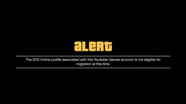 GTA 5 online account migration alert and message on black background screen