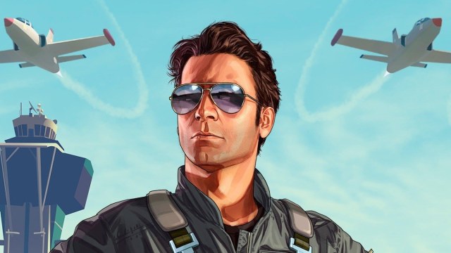GTA V man standing close up facing camera wearing sunglasses and two jet planes flying over him