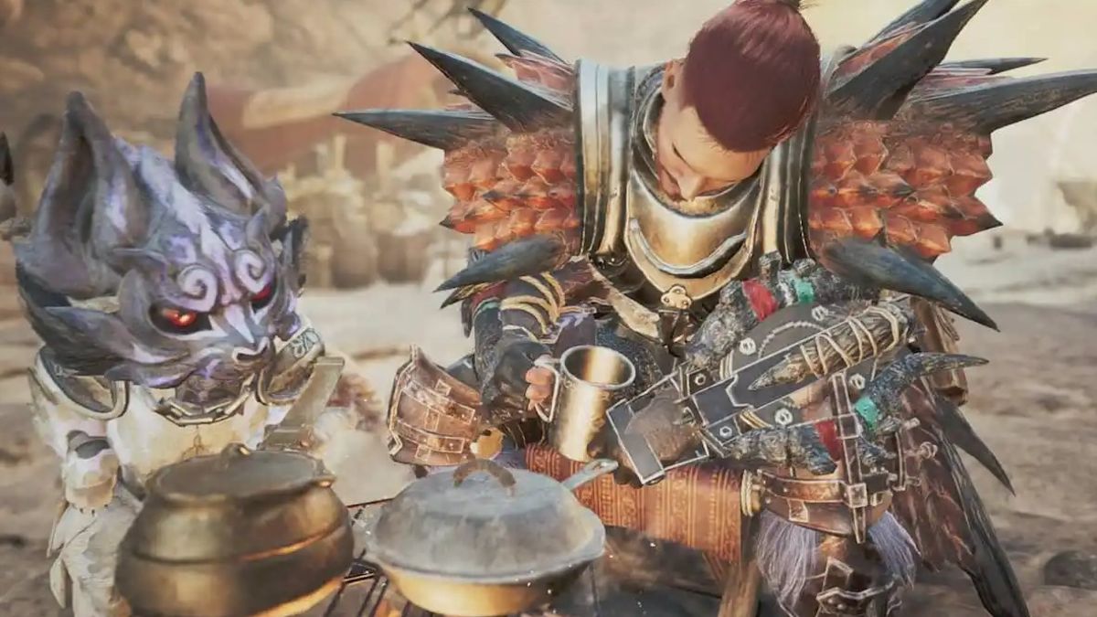 Monster Hunter Wilds player with his Palico near a camp fire