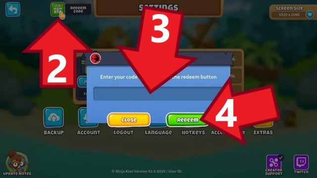 Bloons TD 6 Redeem Code button and the code redemption window