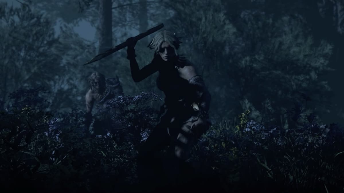 A woman holding a spear prowling the bushes in a jungle in Path of Exile 2.