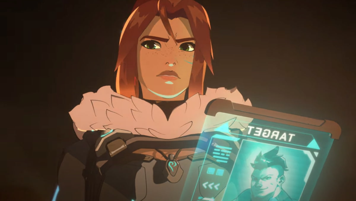 A red-haired woman with a fur cape holds up a holo slate with a man's face on it.