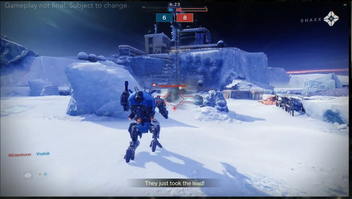 A mech runs towards a frozen glacier against a frozen tundra background.