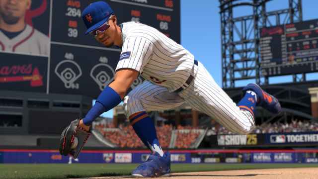 Francisco Lindor diving for a ball in MLB The Show 25