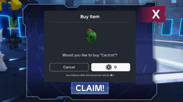 Image of a purchase screen for Cactrot, a cosmetic item in Roblox looking like a cactus with a hat.