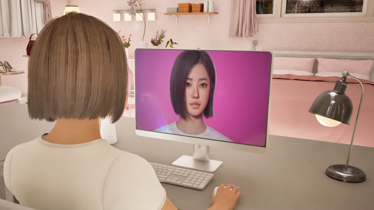 An inZOI character with short light brown hair looking at themselves on a computer with a pink background.