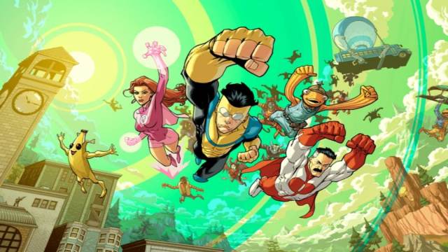 Invincible, Atom Eve, and Omni-Man flying through the sky in Fortnite.