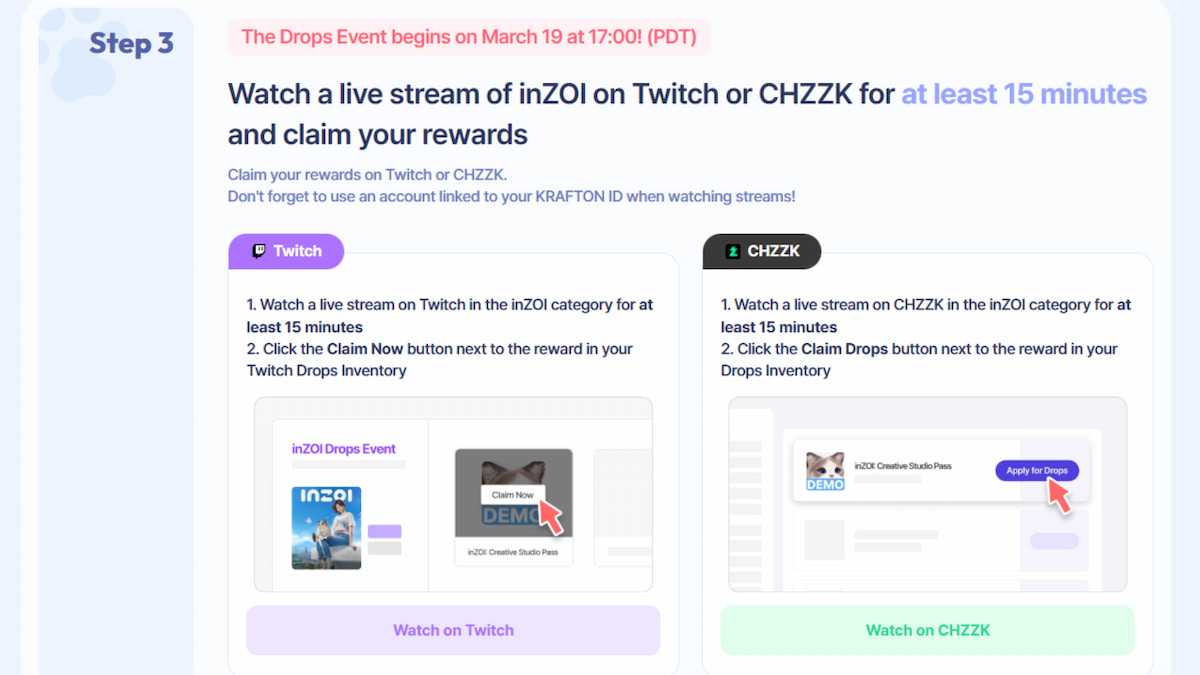 The watch stream step for the Creative Studio Key drop for inZOI.