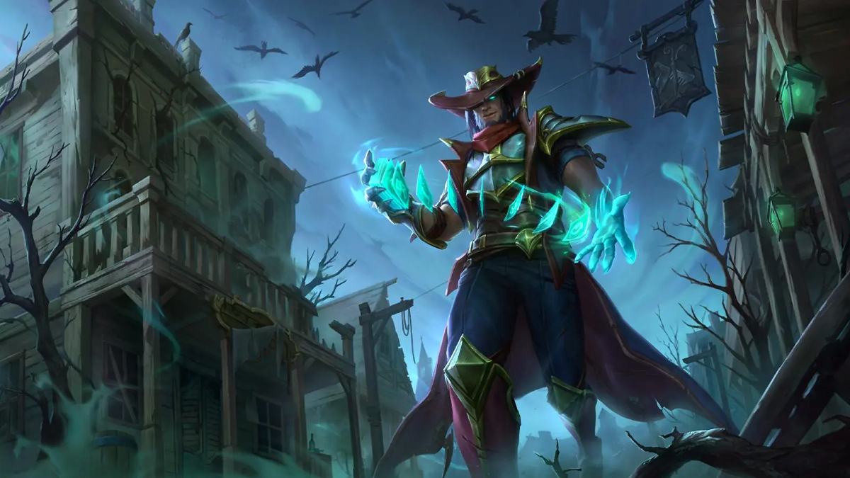 Twisted Fate from League of Legends walks through an abandoned town where crows circle.