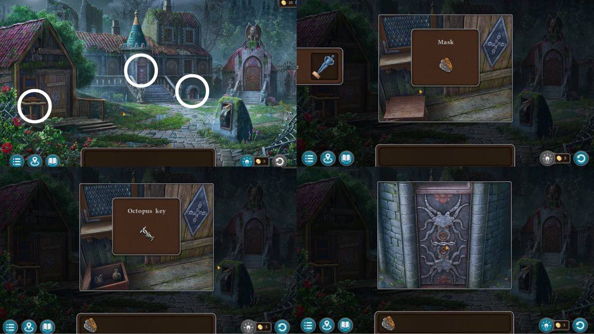four images showing the outside of a mansion and objects to use