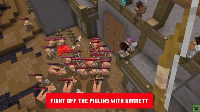 Fighting off piglins trying to break the Midport Village gate in A Minecraft Movie Live Event