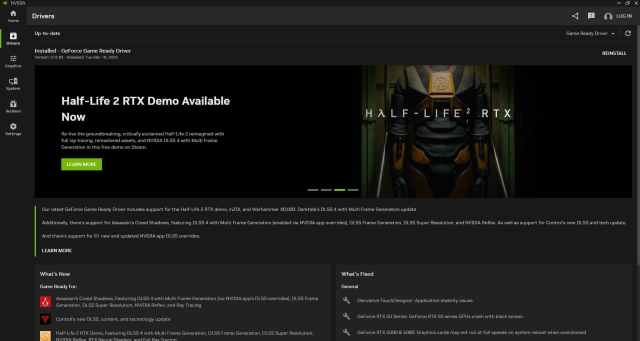 NVIDIA GeForce Experience app showing updated Game Ready graphics driver