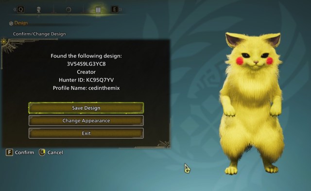 Downloading the Pikachu Palico design in Monster Hunter Wilds character creator