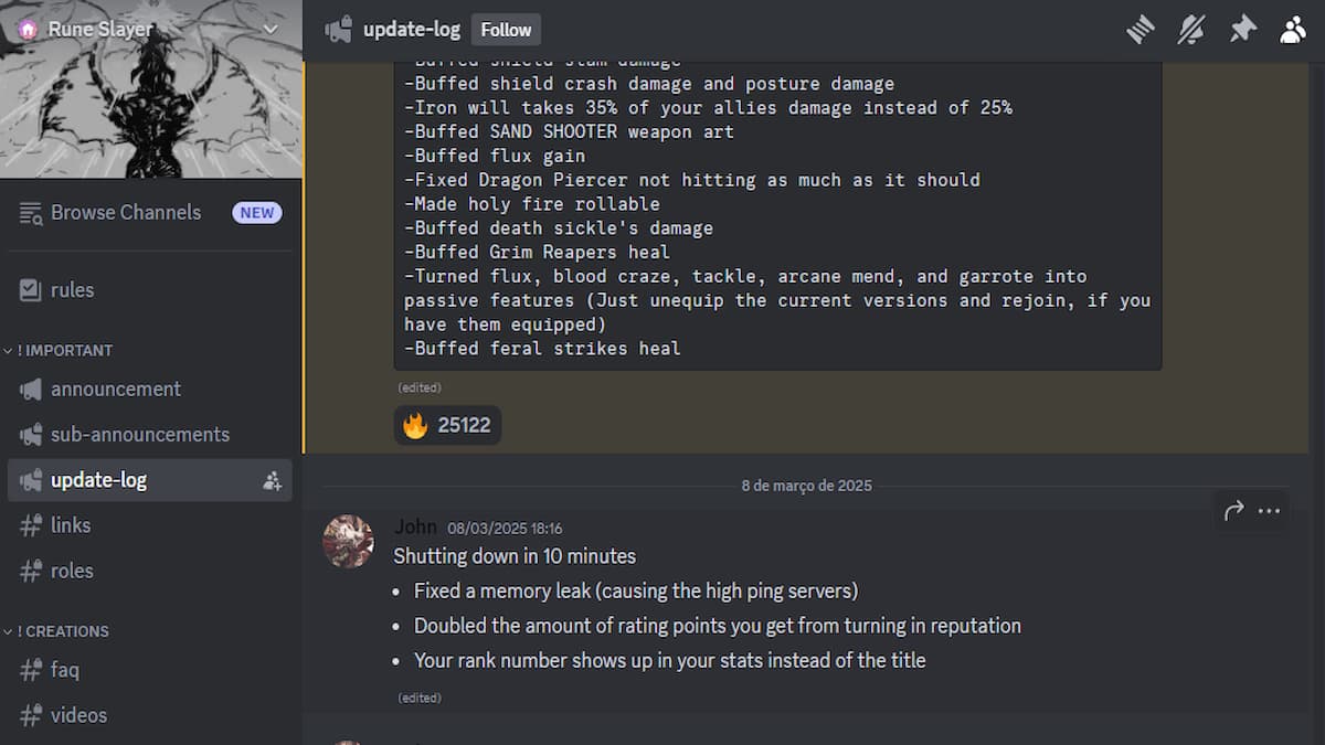 The update-log channel in the Rune Slayer Discord server.