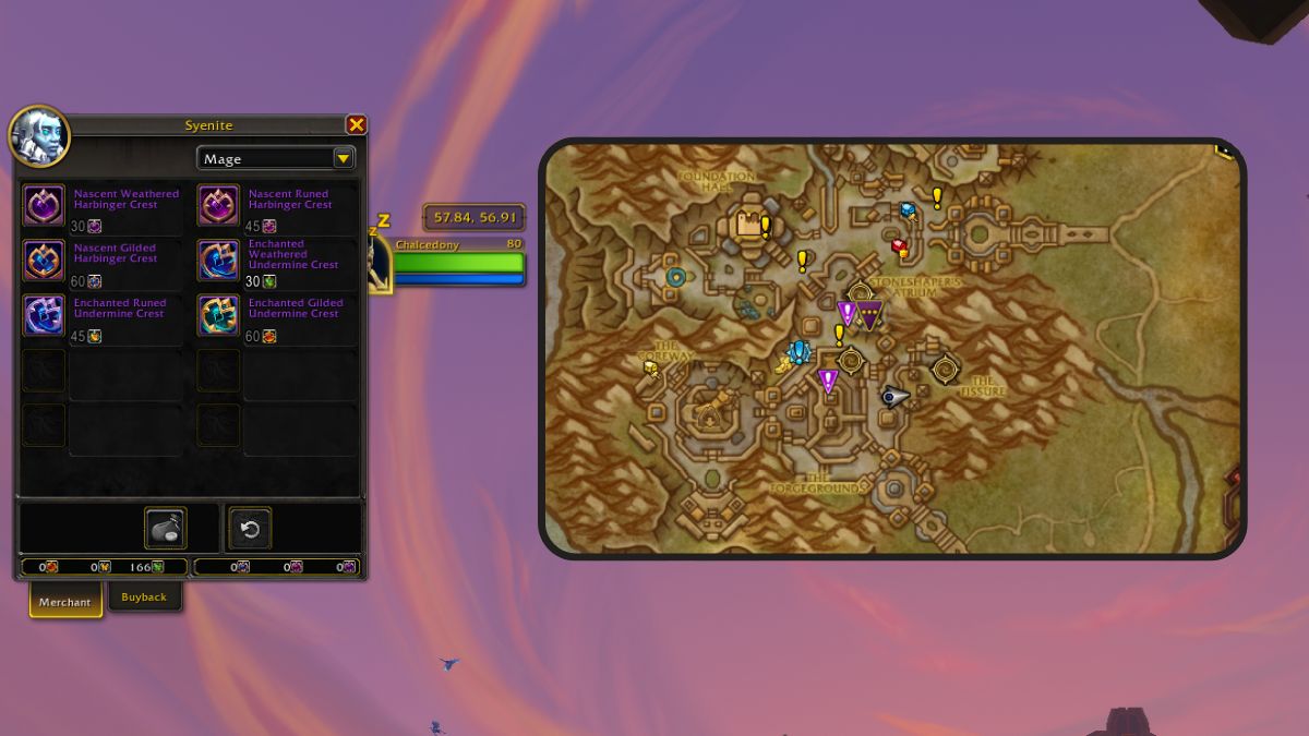 Map pasted onto Dornogal sky with vendor tab open showing Enchanted Gilded Undermine Crests in World of Warcraft.