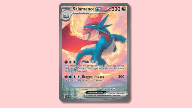 Salamence ex Pokémon card on a plain pink background.