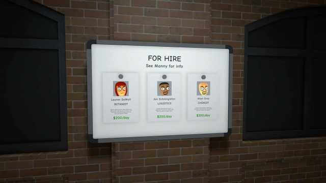 in-game image showing a board with possible hiring opportunities in Schedule 1.