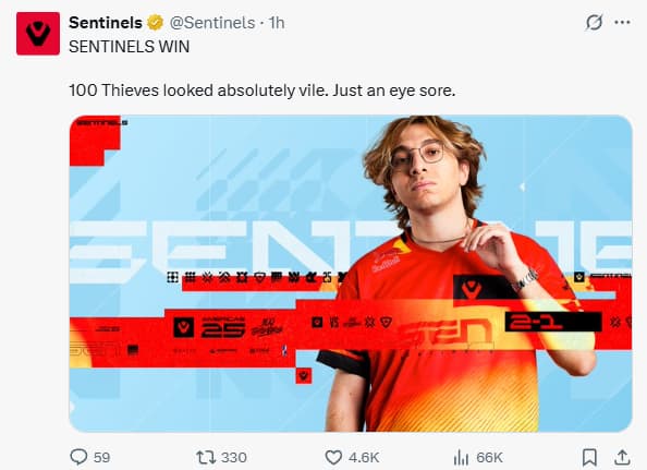 Sentinels' johnqt featured on their X post for their 2-1 win against 100Thieves in the opening week of the 2025 VCT Americas stage one