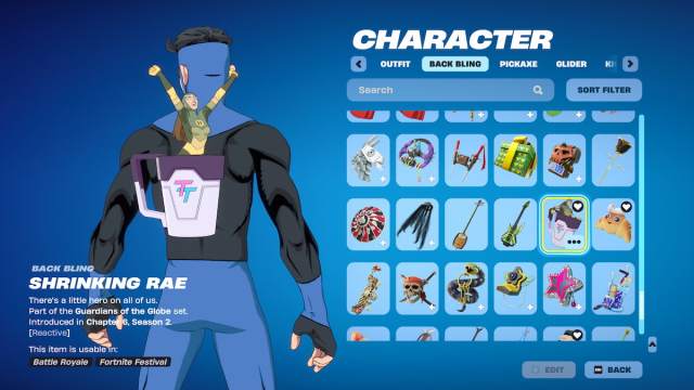 The Shrinking Rae back bling on Invincible in Fortnite.