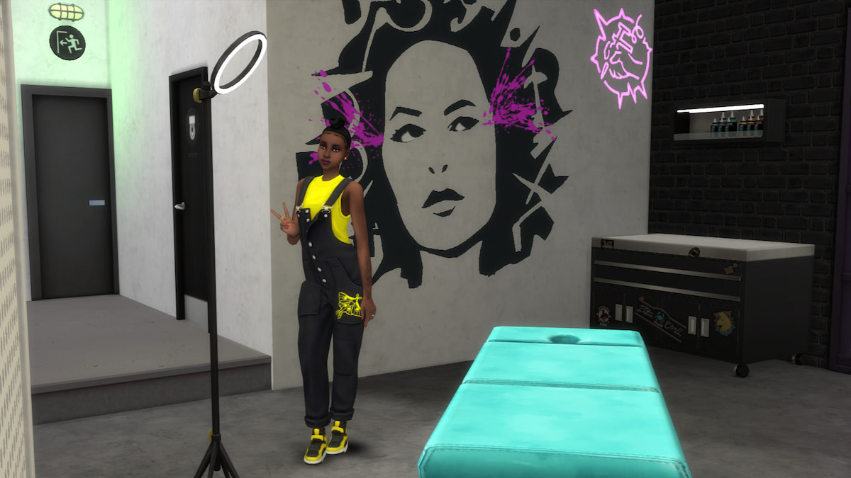 A Sim holding out a peace sign while standing in a tattoo parlor in The Sims 4.