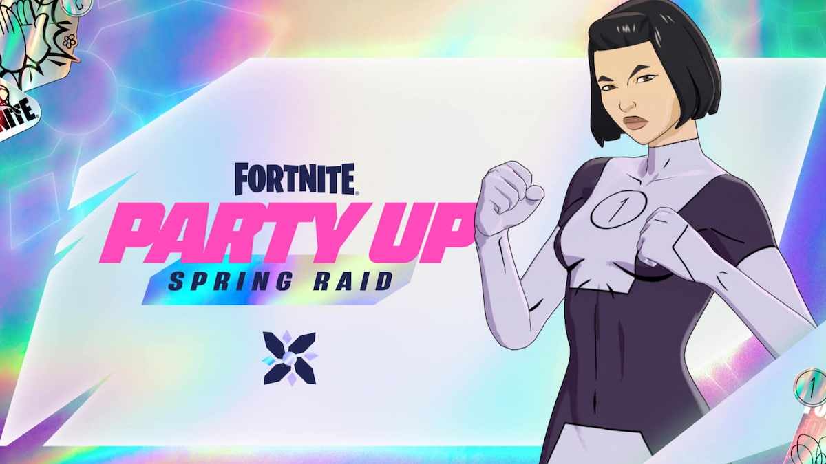 Dupli-Kate holding up her fists next to the party up Spring Raid logo for Fortnite.
