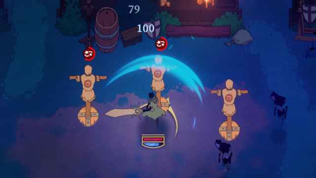 A warrior using the Sword of Justice on a training dummy in 33 Immortals.