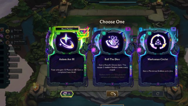 Teamfight Tactics Augment selection for prismatic hacked augments.