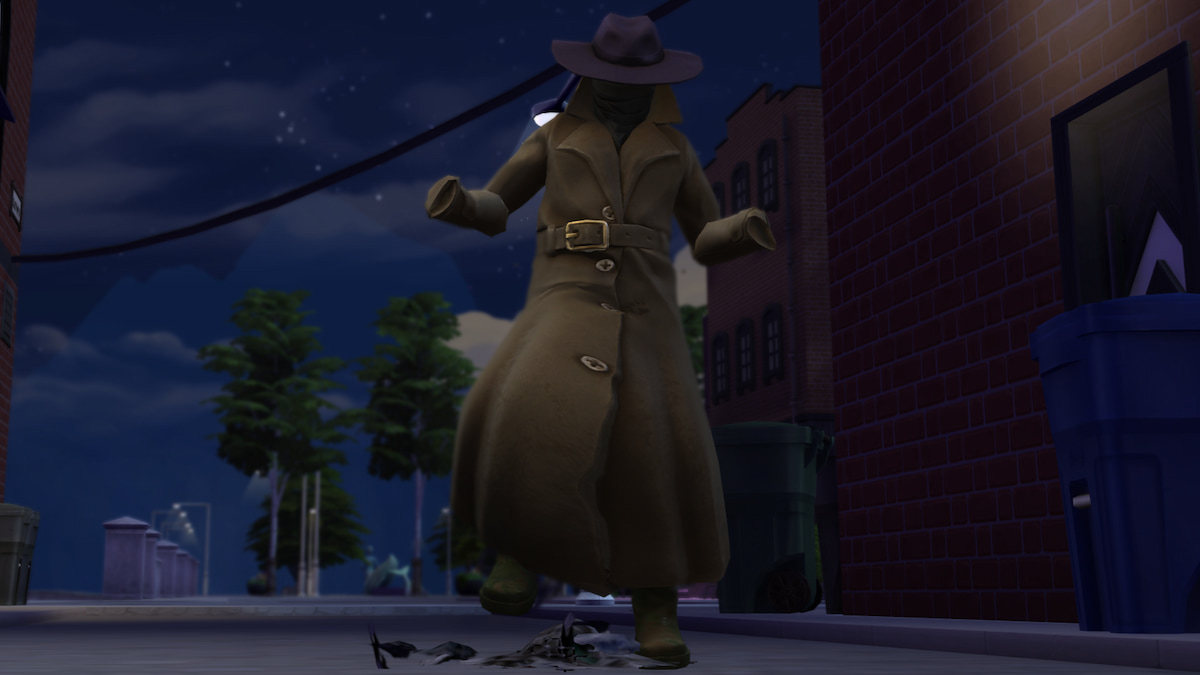 Trashley Reelpearson wearing a long tan trench coat and a black hat while playing in trash in The Sims 4.