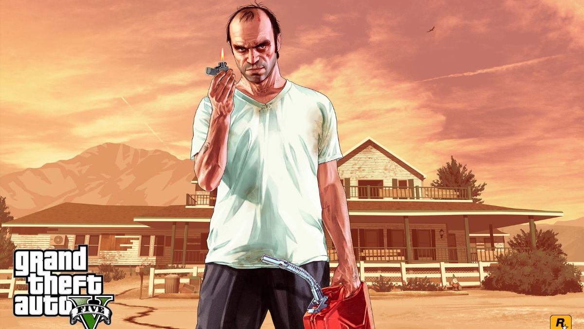 Trevor with a fuel can in GTA V.