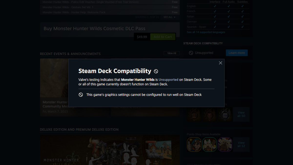valve doesn't recommend monster hunter wilds on steam deck