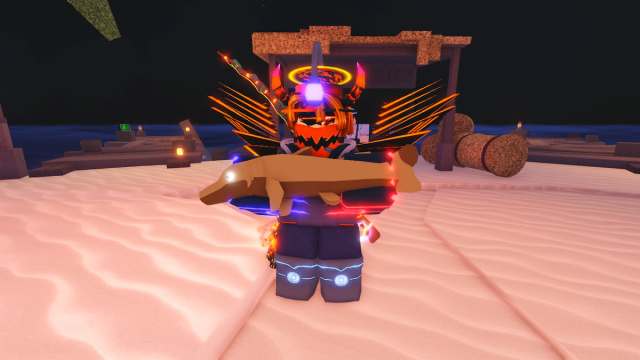Picture showing the player holding Dogefin fish in Fisch.