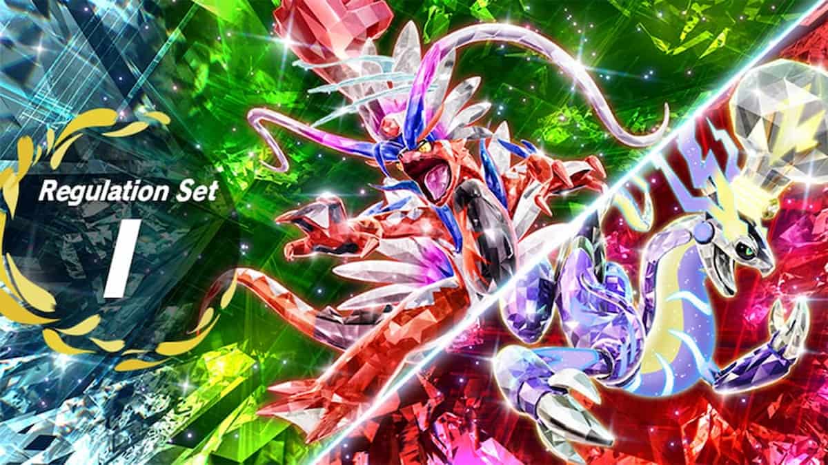 Koraidon and Miraidon terastallized on a colorful banner for Regulation I in Pokémon Scarlet and Violet.