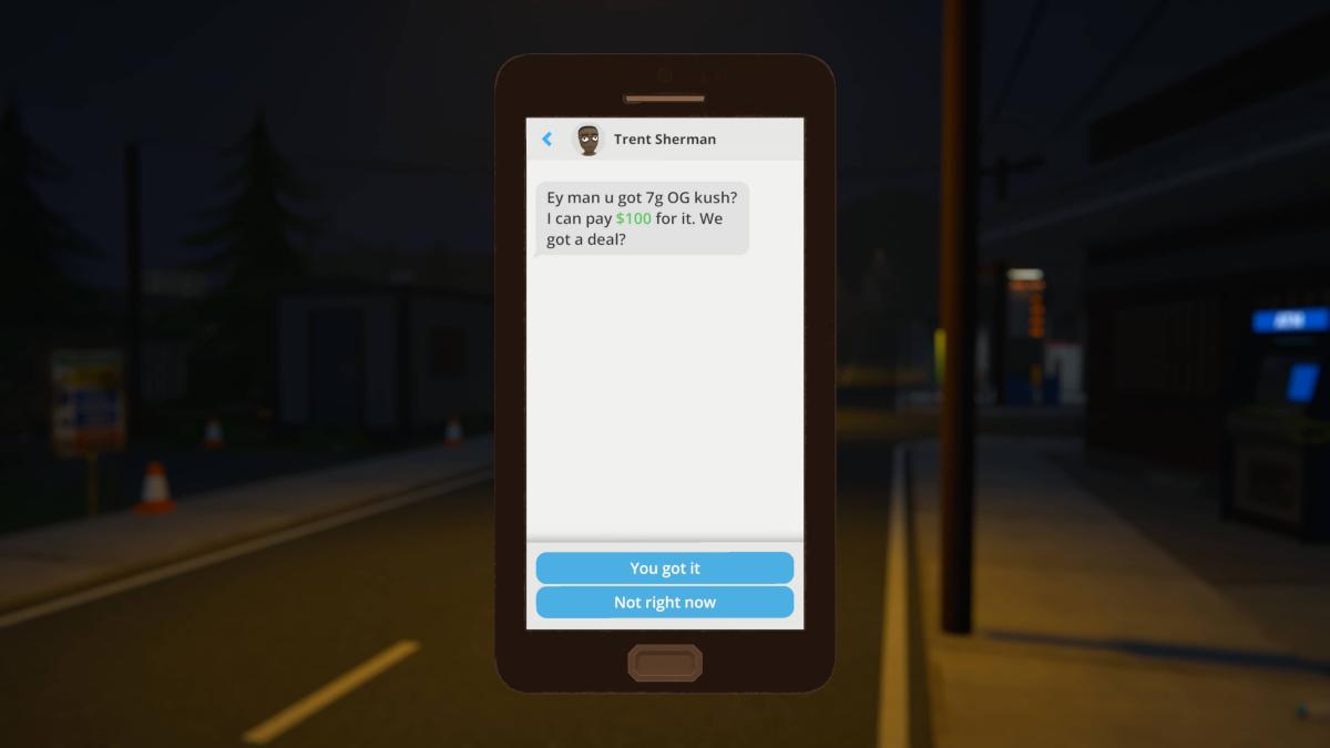 in-game image featuring a customer's text inquiring to buy OG Kush in Schedule 1.