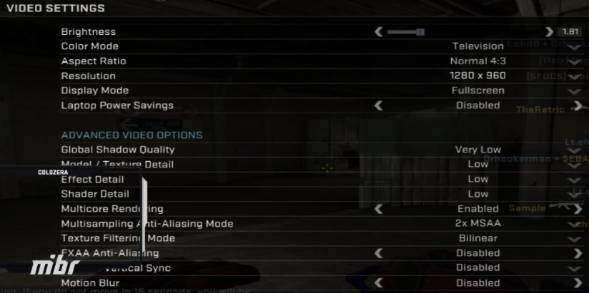 Janela de configurações de vídeo de coldzera no CS:GO