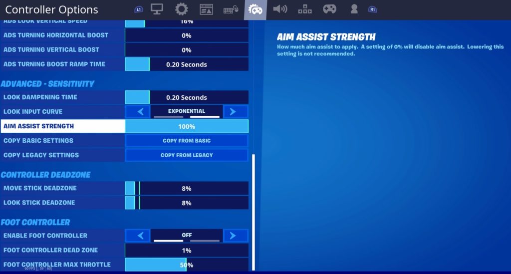 Aim Assist Strength setting in Fortnite set to 100 percent.