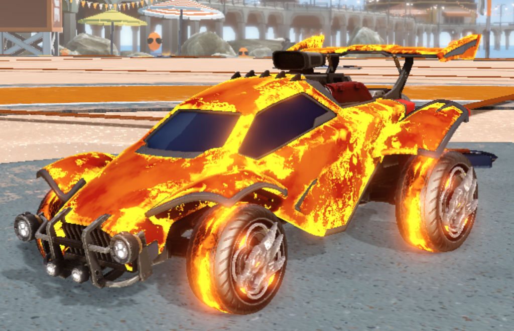 The Fire God Decal on a player car in Rocket League.